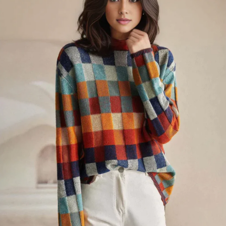 Adalynn™ | Colourful turtleneck jumper with patchwork knit pattern