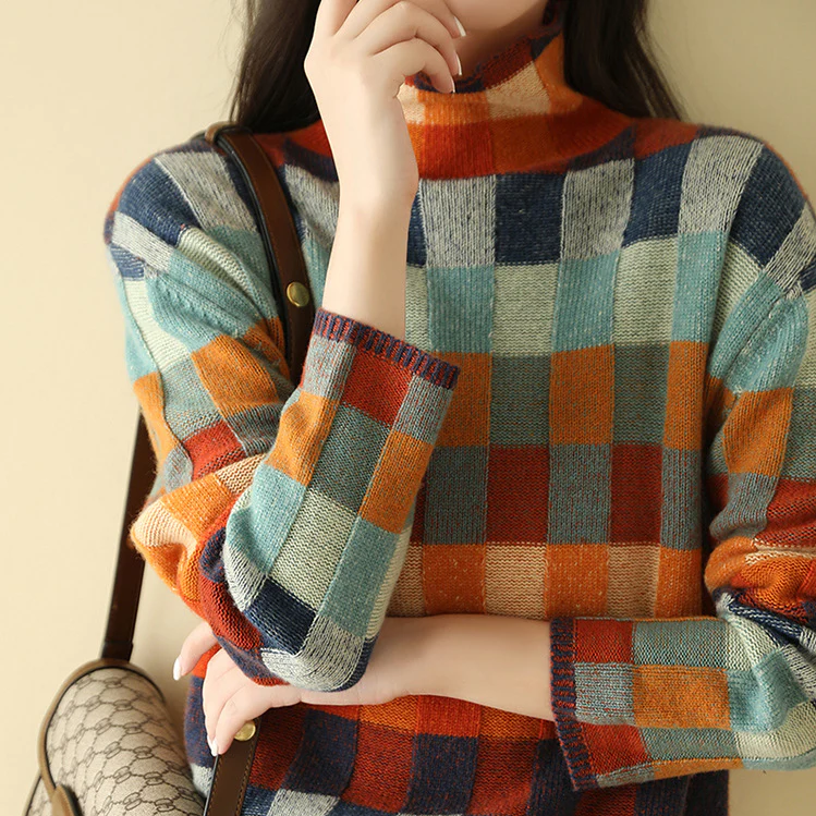 Adalynn™ | Colourful turtleneck jumper with patchwork knit pattern