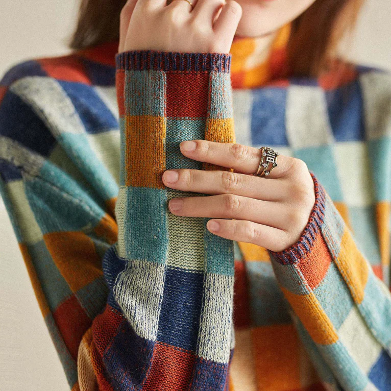 Adalynn™ | Colourful turtleneck jumper with patchwork knit pattern